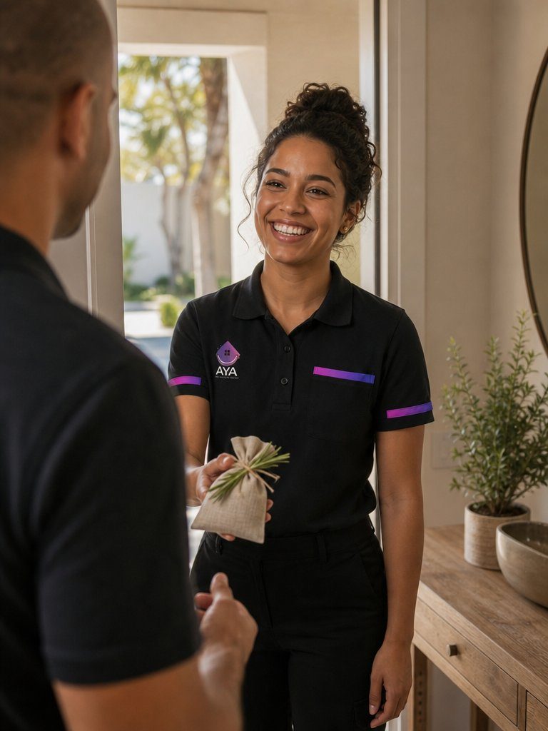 An AYA cleaner arriving with a welcome gift