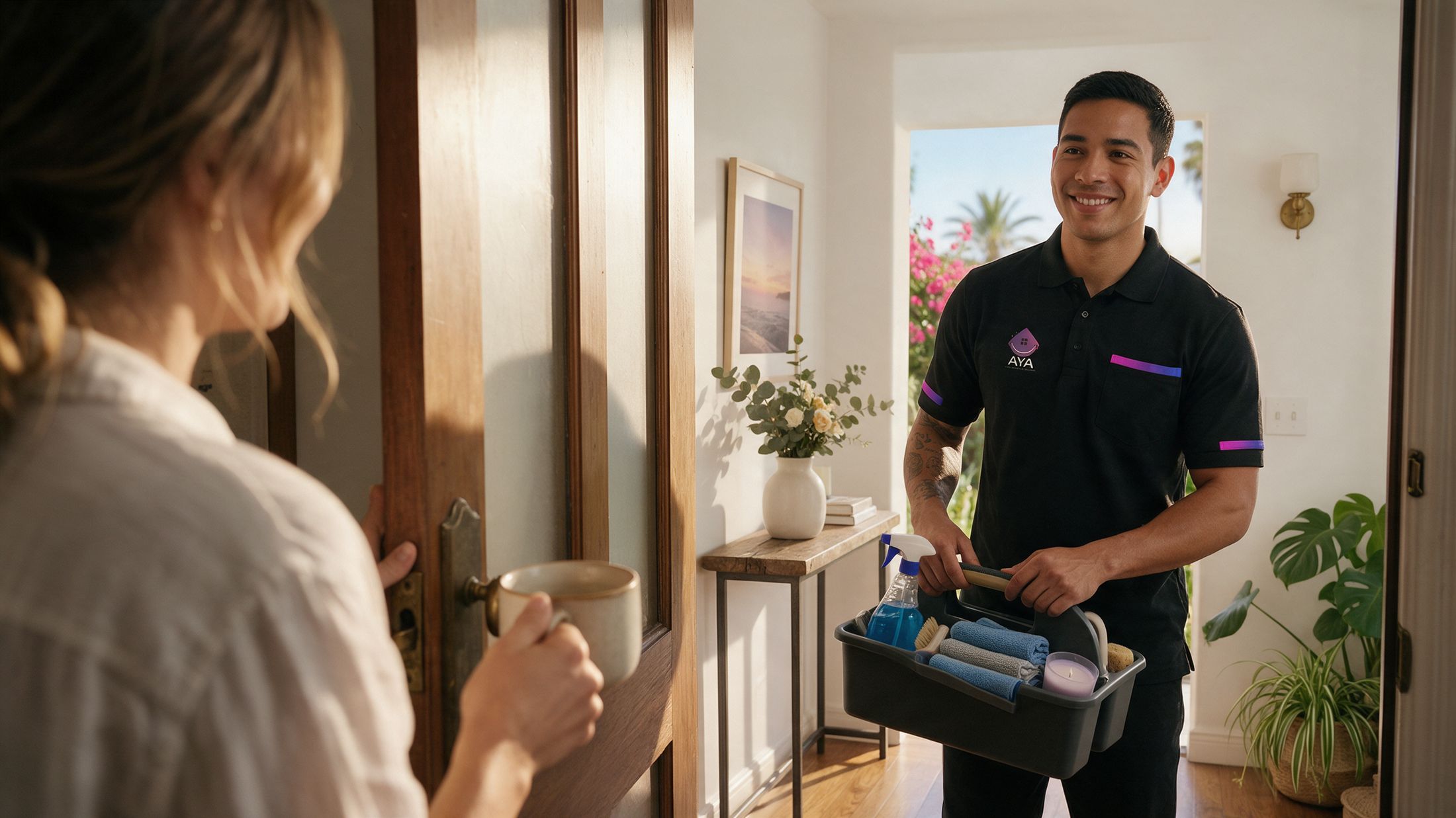 An AYA cleaner arriving right on time at a client’s front door, caddy in hand
