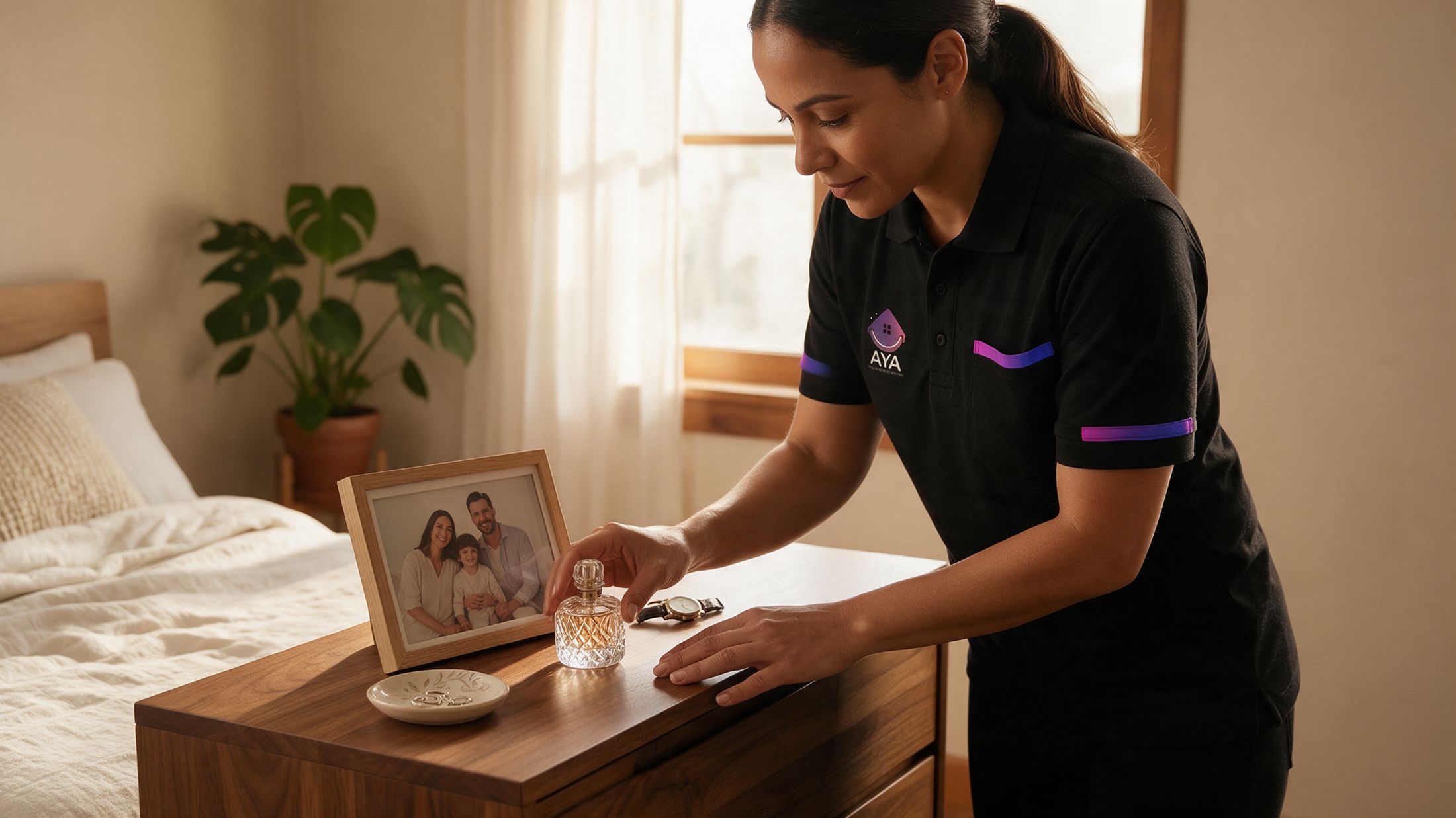 An AYA cleaner setting a perfume bottle back in its exact spot on a bedroom dresser